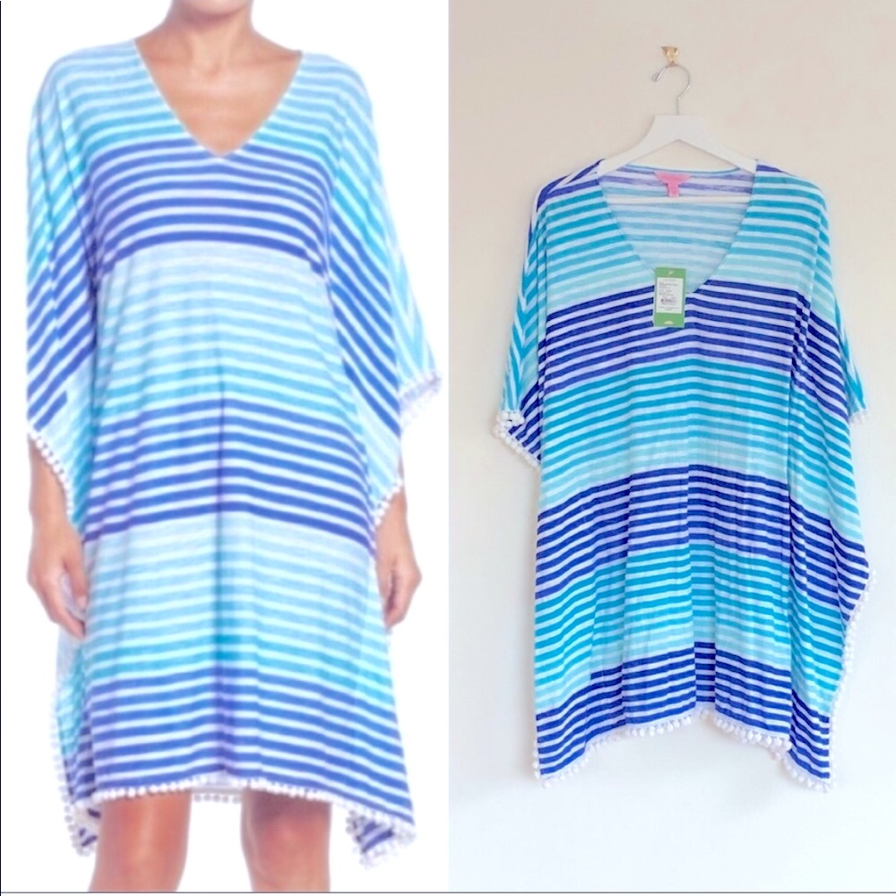 Lilly Pulitzer Turquoise Brilliant Blue Tradewind Pom Pom Caftan Swim Coverup